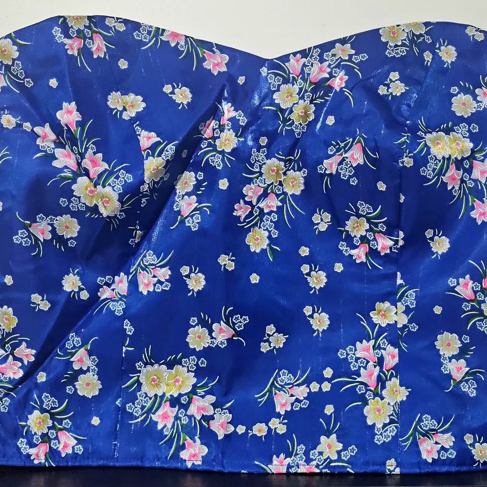 Hmong Floral Blue Strapless Cropped Tube Top